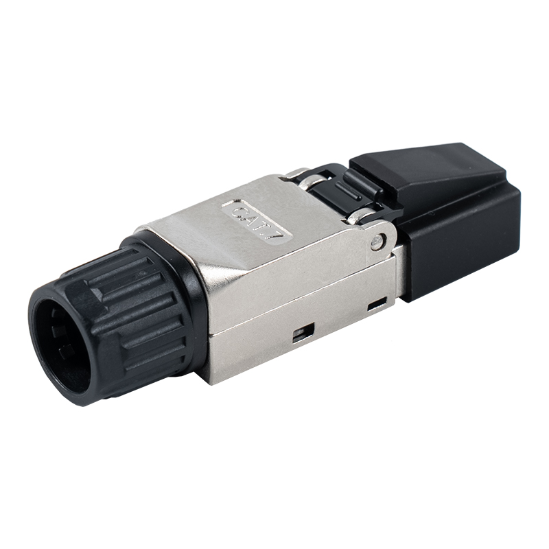 Ceanglóir RJ45 gan Uirlis Sciath Cat7 (le caipíní plaisteacha ar an ceann agus cnónna plaisteacha ar an eireaball) RJ-G50S-2-C7