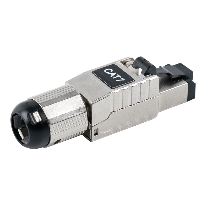Nascóirí RJ45 Gan Uirlis Sciath Cat7 (le Gearrthóg Earraigh Plaisteach Dubh) RJ-G60S-1-C7