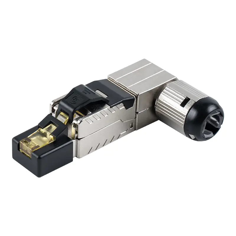 Ceanglóir RJ45 Gan Uirlis Sciath Cat7 (Uillinn 90 Céim ag an Deireadh) RJ-G90S-1-C7